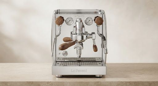 A stainless steel dual boiler espresso machine with two gauges and walnut knobs